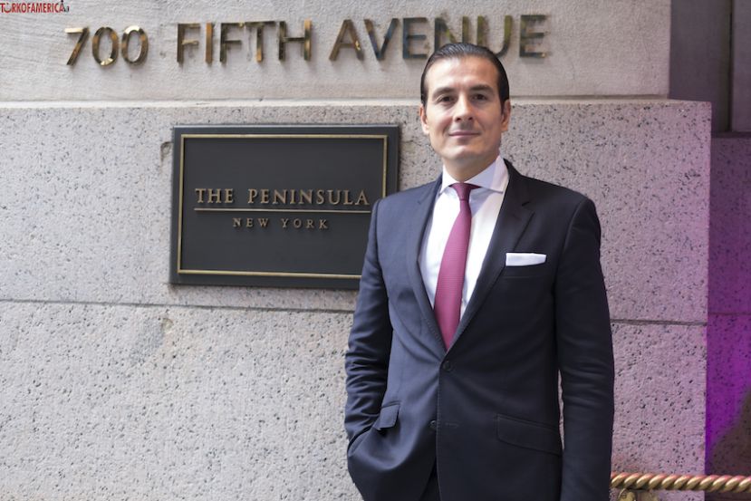 Alpan Keskin at the front of Peninsula Hotel in New York on Fifth Avenue. 