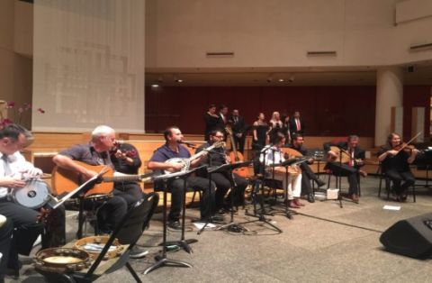 The ensembles performing together at the Hellenic Rembetika and Turkish Music Concert at St. Peter&#039;s Church in New York City. Photo by Marina Belessis Casoria