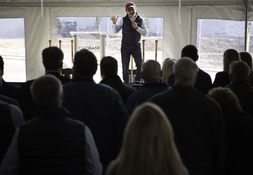 Founder and CEO Hamdi Ulukaya addresses the crowd during the groundbreaking ceremony for the new Research and Development building Thursday at Chobani in Twin Falls.      