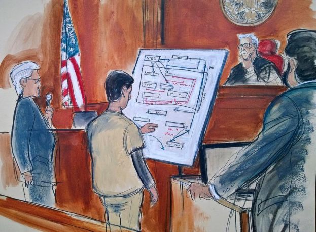In a courtroom sketch Judge Richard Berman (second from right) and US Attorney Sidhardha Kamarju (far right) listen as Turkish-Iranian gold trader Reza Zarrab, second from left, with an unidentified interpreter (far left) describe a scheme using a diagram he drew, outlining how he helped Iran to evade US economic sanctions, Wednesday November 29, 2017. ( AP )